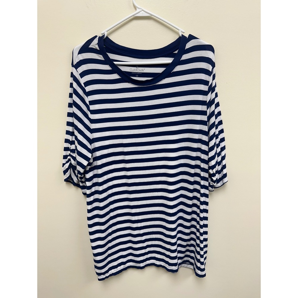 Cuddl Duds Womens 1X Navy Blue White Striped Elbow Sleeve Crew Neck Knit Top